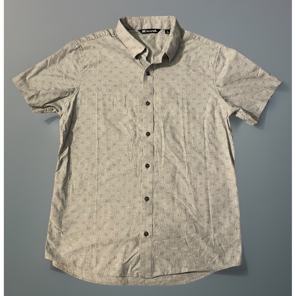 Travis Mathew Short Sleeve Button Up Shirt Geometric Pattern AOP Gray Large JBHS